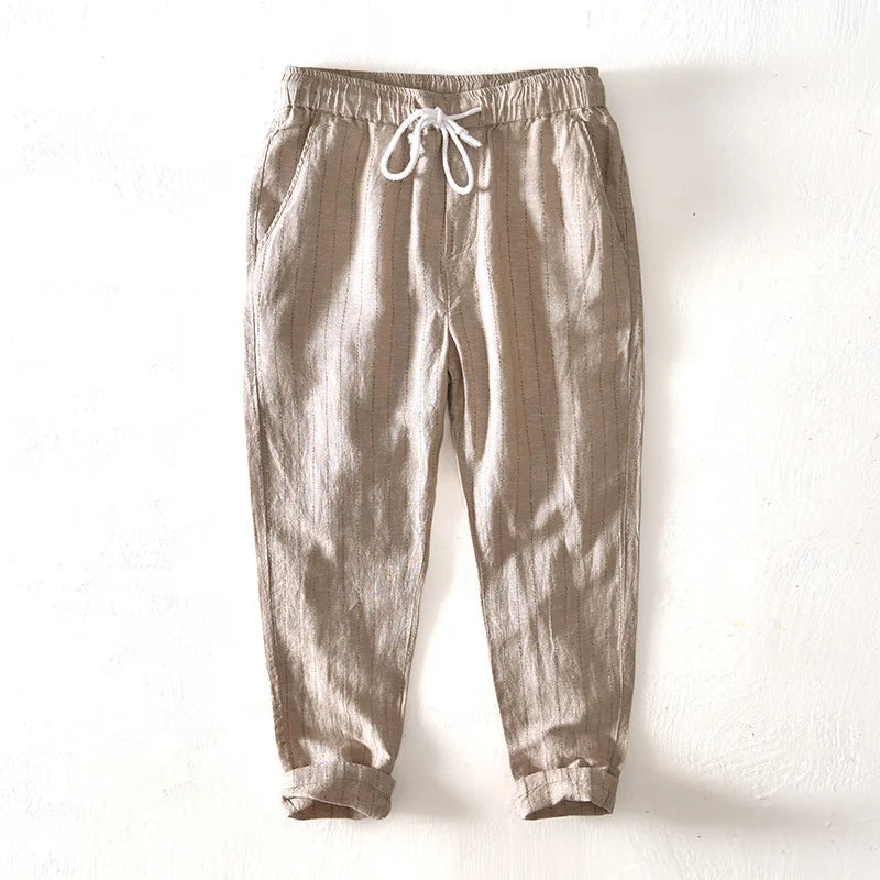 Men's Striped Linen Trousers HARTTMAN HT382 in Khaki