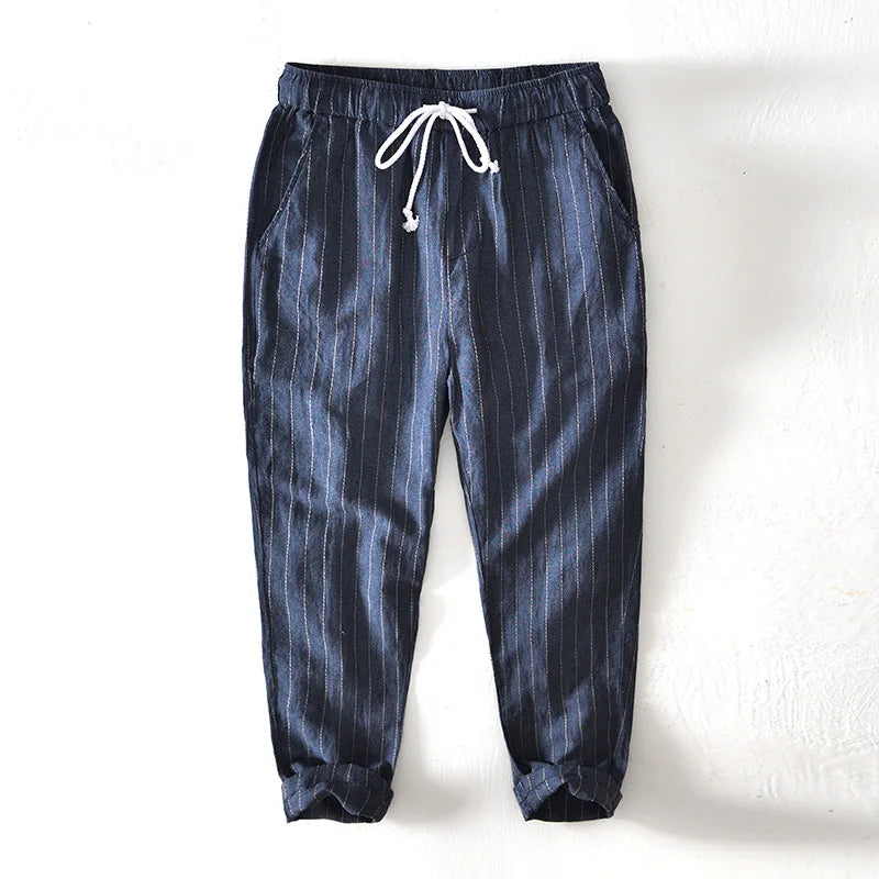 Men's Striped Linen Trousers HARTTMAN HT382 in Navy Blue