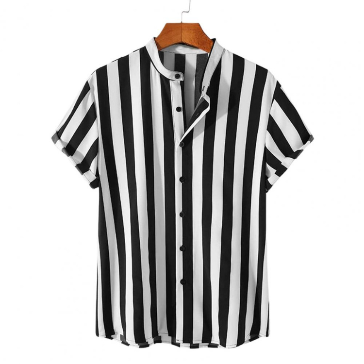 Men's Striped Grandad Collar Shirt HARTTMAN HT389 in Black