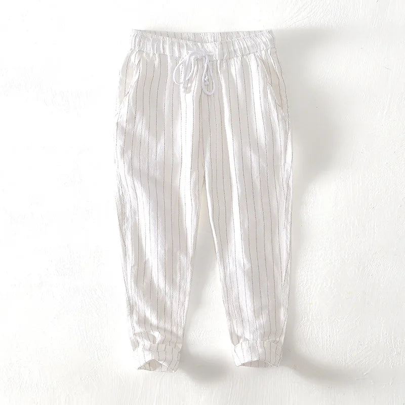 Men's Striped Linen Trousers HARTTMAN HT382 in White