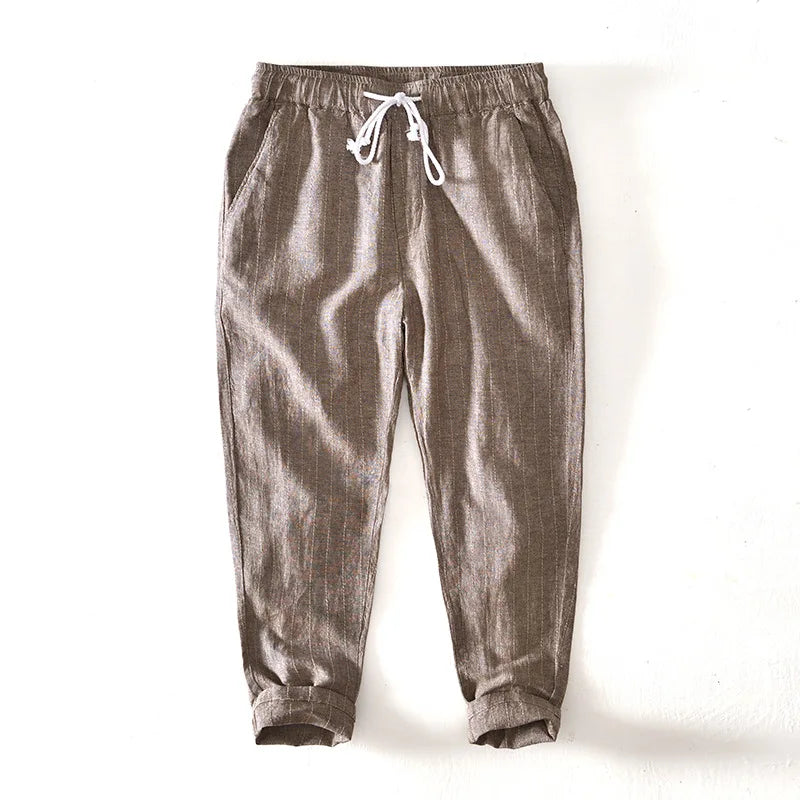 Men's Striped Linen Trousers HARTTMAN HT382 in Coffee